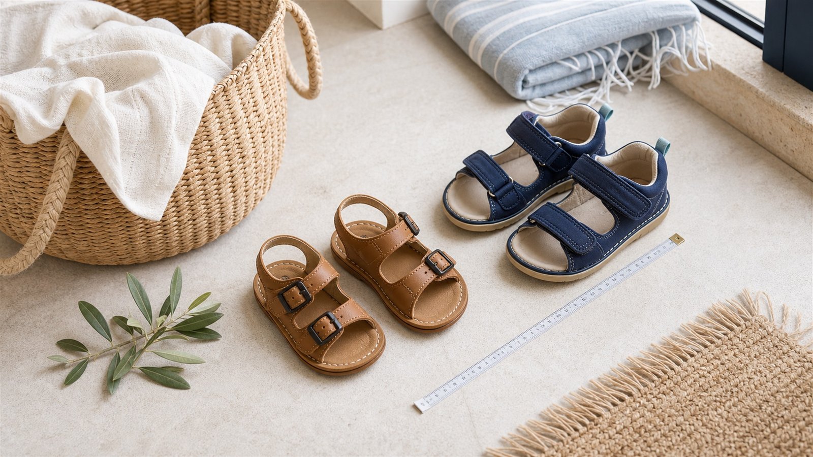 Kids sandals beside a measuring tape