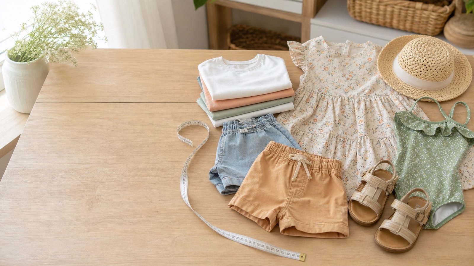 Kids summer clothes arranged on a wooden table