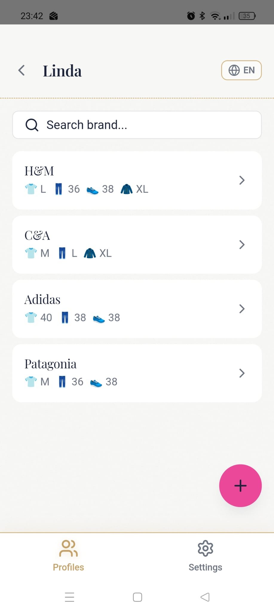 Women's brand size profile in Sizes
